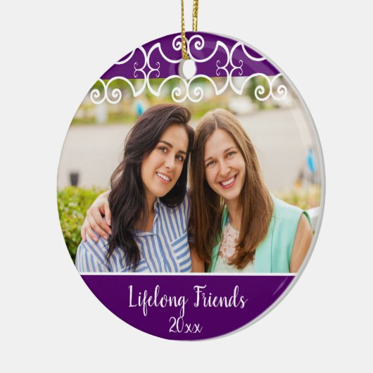 カスタム友達2面フォトパープルクリスマス セラミックオーナメント (左)