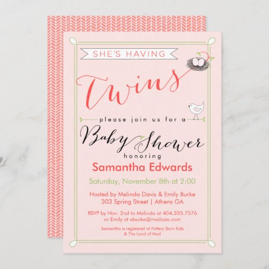 カスタム双子のベビーシャワー招待状 招待状 (正面/裏面)