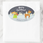 カスタム可愛いクリスマスバニーと鹿イラストレーション 楕円形シール (バッグ)