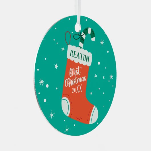 カスタム可愛いストッキングベビーの初めてのクリスマス メタルオーナメント (正面右)