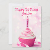 カスタム可愛いピンクのカップケーキフォトハッピーバースデー カード (正面)