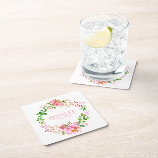 カスタム可愛いピンクの水色の花シャワー名 スクエアペーパーコースター (インサイチュ)