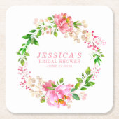 カスタム可愛いピンクの水色の花シャワー名 スクエアペーパーコースター (正面)