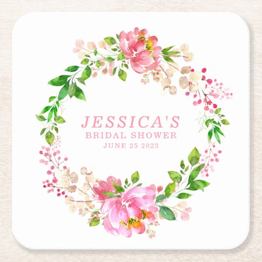 カスタム可愛いピンクの水色の花シャワー名 スクエアペーパーコースター (正面)