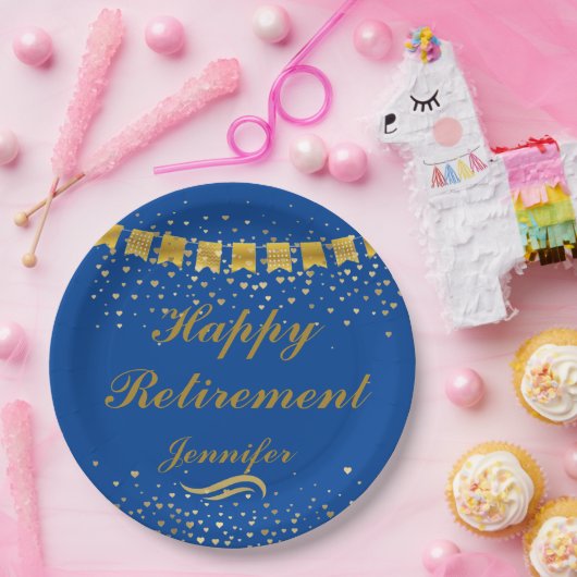 カスタム可愛いブルーと金ゴールドハッピーリタイア ペーパープレート (パーティー)
