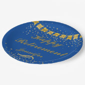 カスタム可愛いブルーと金ゴールドハッピーリタイア ペーパープレート (アングル)