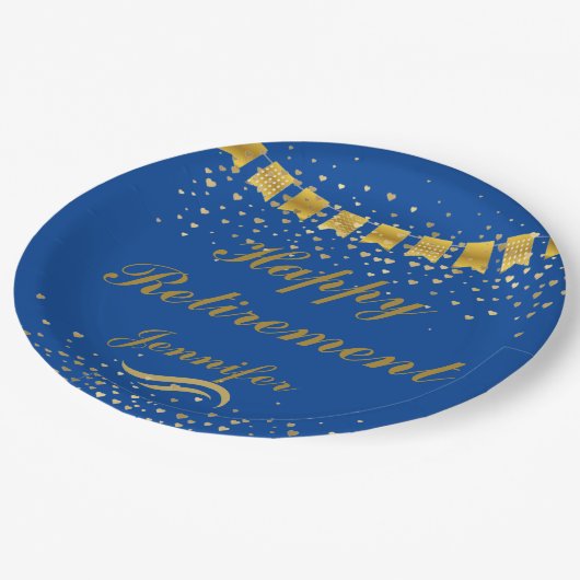 カスタム可愛いブルーと金ゴールドハッピーリタイア ペーパープレート (アングル)