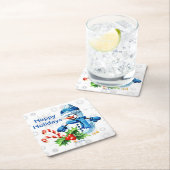 カスタム可愛いブルー雪だるまクリスマスパーティー スクエアペーパーコースター (インサイチュ)