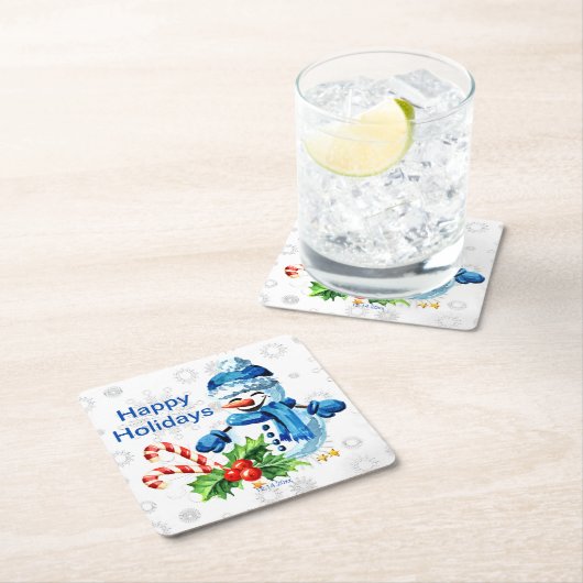 カスタム可愛いブルー雪だるまクリスマスパーティー スクエアペーパーコースター (インサイチュ)