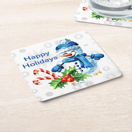 カスタム可愛いブルー雪だるまクリスマスパーティー スクエアペーパーコースター (アングル)