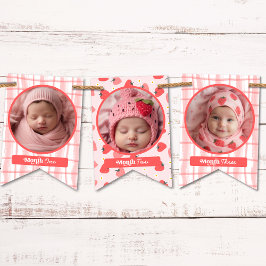 カスタム可愛いベリー最初の誕生日ピンク12写真 バンティングフラッグ