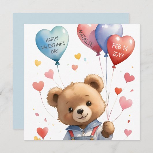 カスタム可愛い水の色テディベアバレンタインデー シーズンカード (正面/裏面)