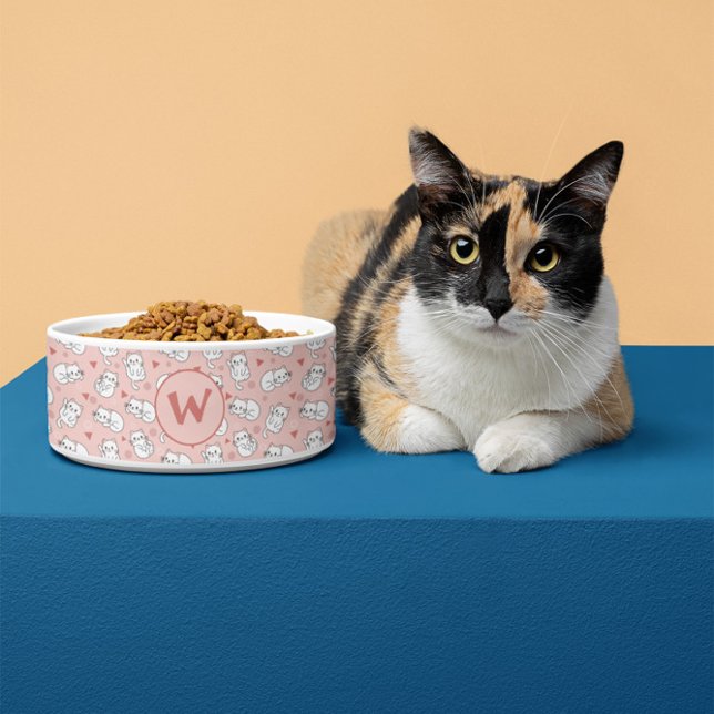 カスタム可愛い猫よくはしゃぐ柄ピンク白ペット ボウル (クリエイターアップロード済み)