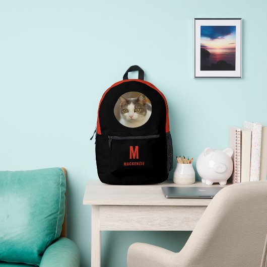 カスタム可愛い猫フォトオレンジモノグラムパーソナライズされた プリントバックパック