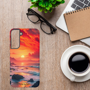 カスタム可能!燃えるような夕焼けの海岸線 – 海の崖 SAMSUNG GALAXY S22+ケース