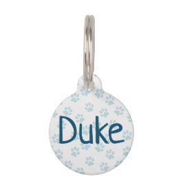 カスタム名とID番号のペットタグ 青い肉球プリント ペット　ネームタグ