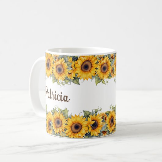 カスタム名ひまわり花開花黄色 コーヒーマグカップ (正面左)