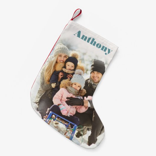 カスタム名パーソナライズされた付き写真 スモールクリスマスストッキング (正面 (吊り時))