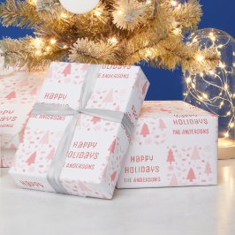 カスタム名入りクリスマス ピンク ホリデーギフト ラッピングペーパー