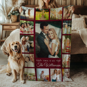 カスタム名写真コラージュモダンブルゴーニュ フリースブランケット