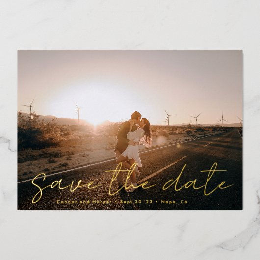 カスタム名前モダン写真金ゴールド日付の保存 箔招待状 (正面)