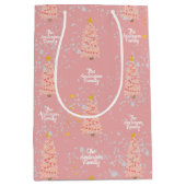 カスタム名桃色のクリスマスツリーモダン ミディアムペーパーバッグ (正面)