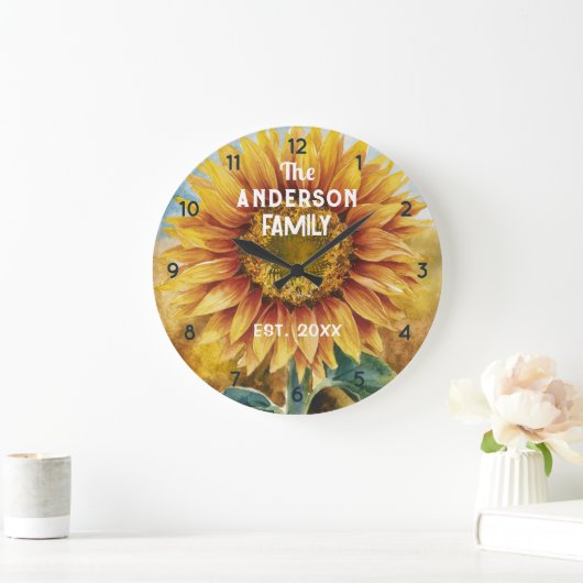 カスタム名農家ひまわり水彩 ラージ壁時計 (ホーム)