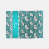 カスタム名 シルバー ハート 鍵 ターコイズ グリッター フリースブランケット (正面(横))