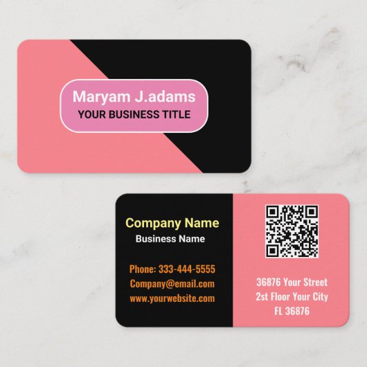 カスタム名 – ブラックモダン&赤面ピンク 名刺 (正面/裏面)