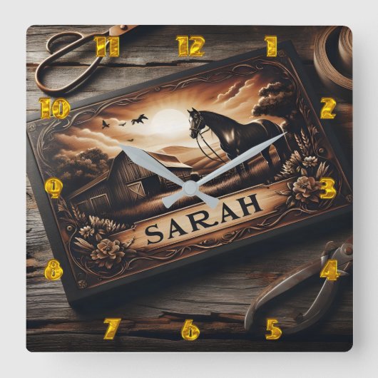 カスタム夕暮れ時の馬と納屋の木彫り スクエア壁時計 (正面)