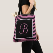カスタム大イニシャルピンクと黒ストライプの トートバッグ (クローズアップ)