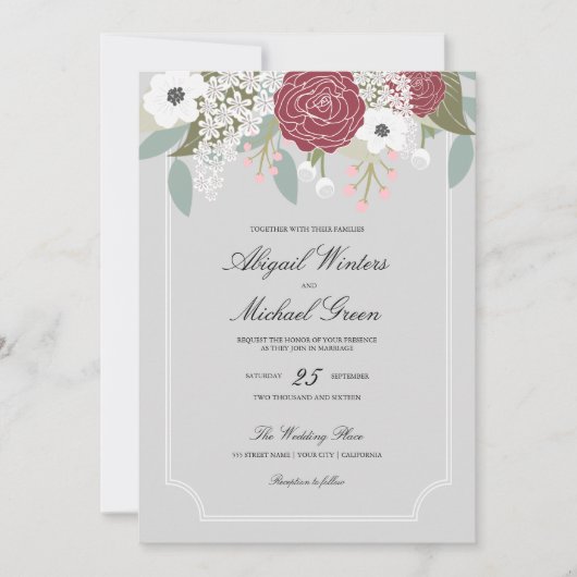 カスタム大フローラ-ブルゴーニュ-結婚式招待状 招待状 (正面)