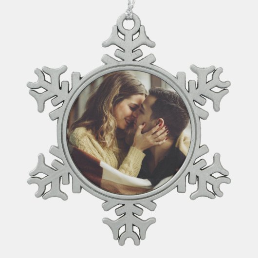 カスタム婚約写真 スノーフレークピューターオーナメント (正面)