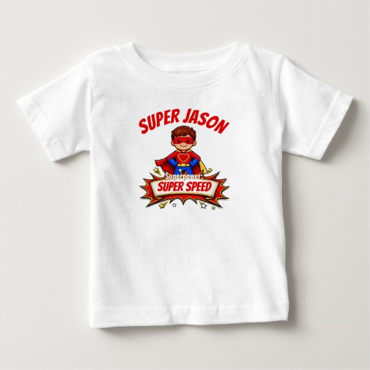 カスタム子供スーパーヒーロー 名前＆超能力Tシャツ ベビーTシャツ (正面)