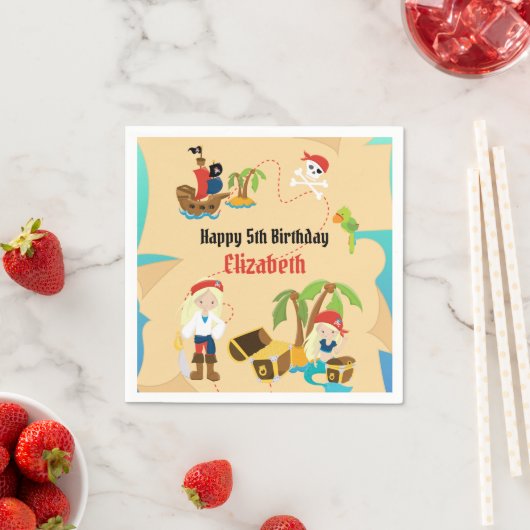 カスタム宝の地図ガール海賊誕生日パーティー スタンダードカクテルナプキン (インサイチュ)