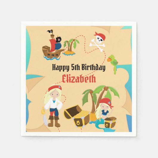 カスタム宝の地図ガール海賊誕生日パーティー スタンダードカクテルナプキン (正面)