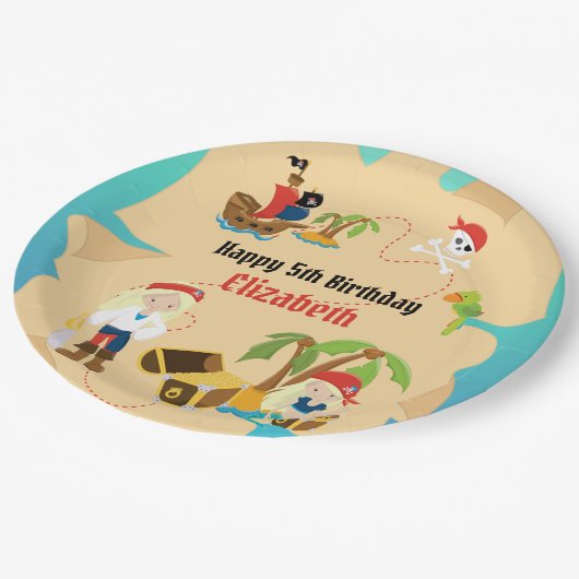カスタム宝の地図ガール海賊誕生日パーティー ペーパープレート (アングル)