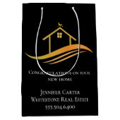 カスタム実在エステート会社シック黒金ゴールド ミディアムペーパーバッグ (正面)