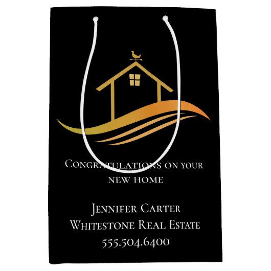 カスタム実在エステート会社シック黒金ゴールド ミディアムペーパーバッグ (正面)