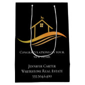 カスタム実在エステート会社シック黒金ゴールド ミディアムペーパーバッグ (裏面)