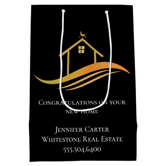 カスタム実在エステート会社シック黒金ゴールド ミディアムペーパーバッグ (裏面)