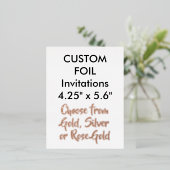 カスタム実在箔招待状バラ金ゴールド4.25"x5.6" 箔招待状ポストカード (立ち正面)