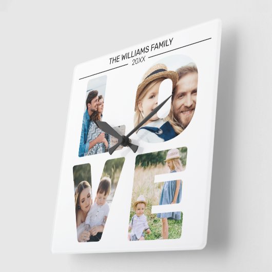 カスタム家族の写真パーソナライズされたラブコラージュ スクエア壁時計 (傾斜)