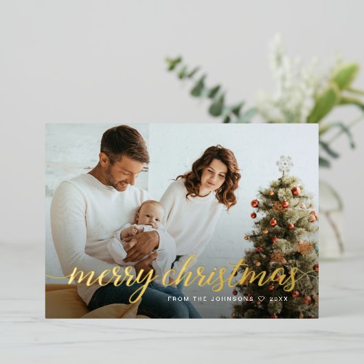 カスタム家族の写真金箔メリークリスマス 箔シーズンカード (立ち正面)