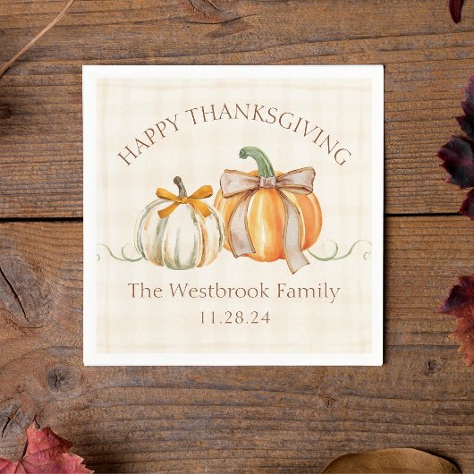 カスタム家族の名前かわいいカボチャ弓サンクスギビング スタンダードカクテルナプキン