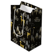 カスタム家族の名前ブラック金ゴールドトナカイのクリスマス ミディアムペーパーバッグ (正面アングル)