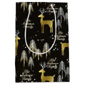 カスタム家族の名前ブラック金ゴールドトナカイのクリスマス ミディアムペーパーバッグ (正面)