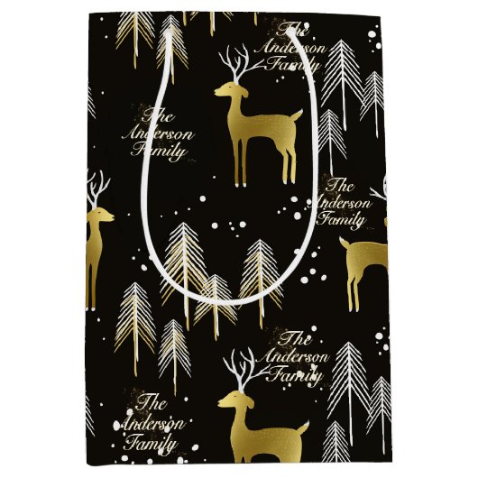 カスタム家族の名前ブラック金ゴールドトナカイのクリスマス ミディアムペーパーバッグ (正面)
