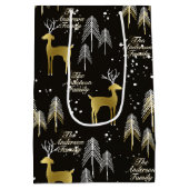 カスタム家族の名前ブラック金ゴールドトナカイのクリスマス ミディアムペーパーバッグ (裏面)