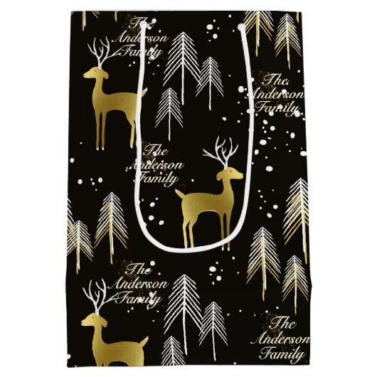カスタム家族の名前ブラック金ゴールドトナカイのクリスマス ミディアムペーパーバッグ (裏面)